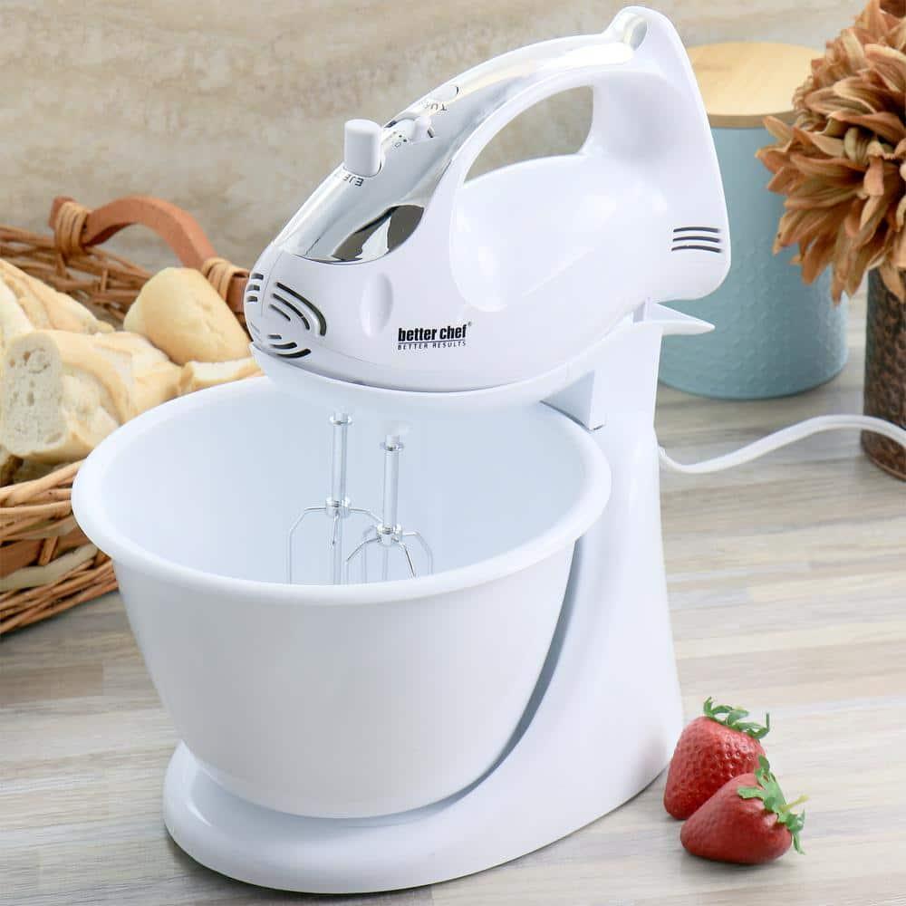 Better Chef 200 Watt Stand/Hand Mixer in White with Mixing Bowl