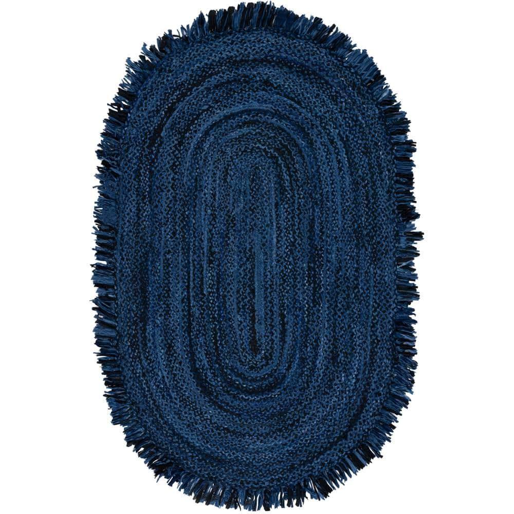 Braided BRD451 Hand Woven Area Rug - Navy/Black - 6'x9' Oval - Safavieh.