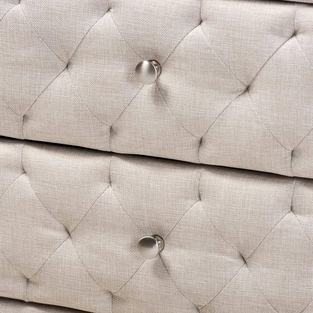 2 Drawer Lepine Wood Nightstand Beige - Baxton Studio: Upholstered, Tufted, Silver Knobs, Assembly Required