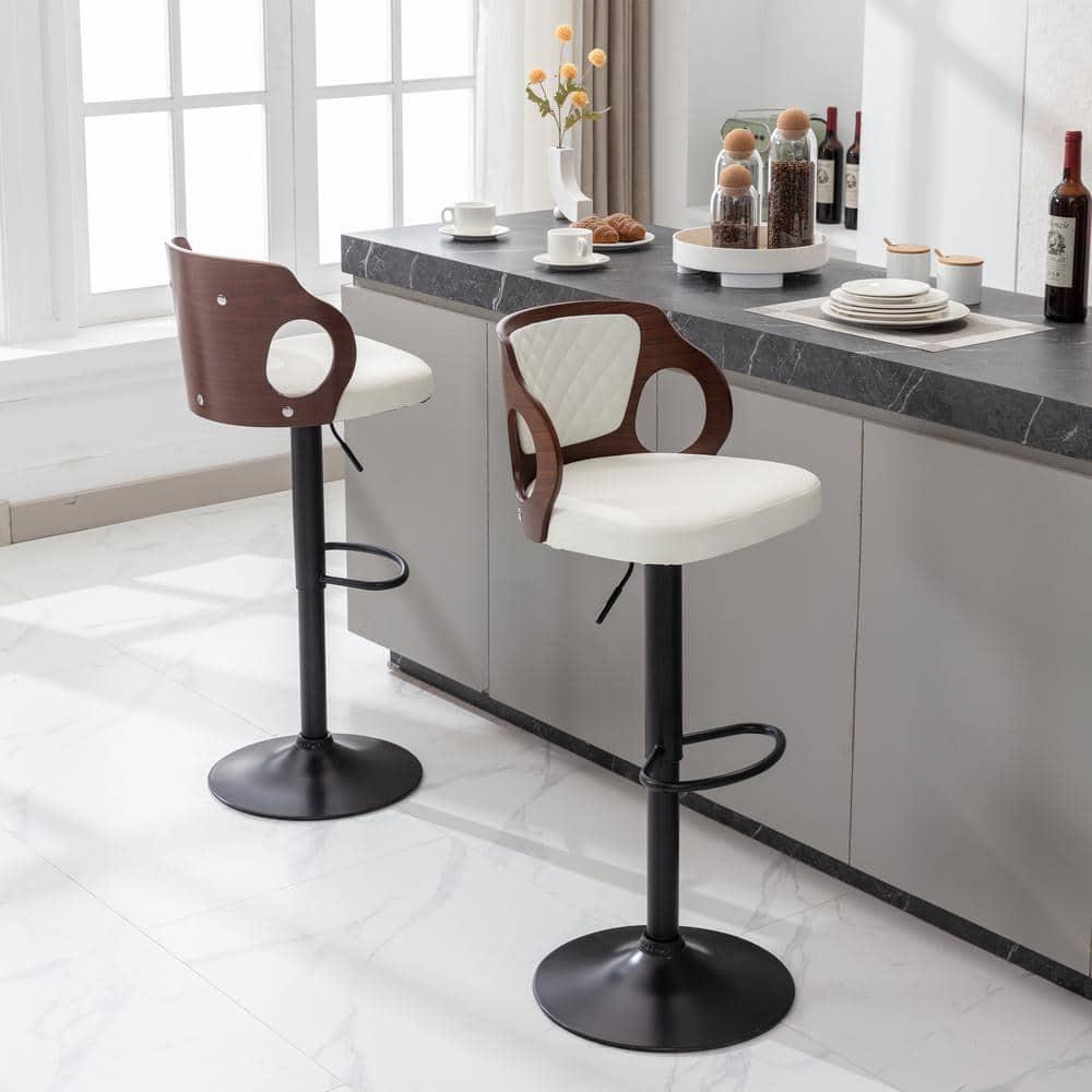 ECOTOUGE Swivel Bar Stools Set of 2, Height Adjustable Island Stools with Bentwood Back, Faux Leather Counter Height Bar Stools for Kitchen, Pub and Cafe, White