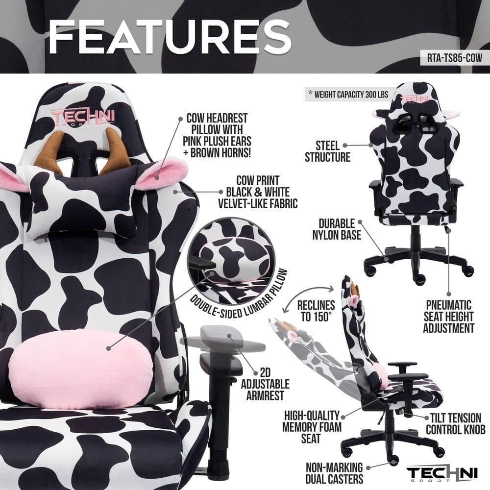 Ts85 Cow Print Luxx Series Gaming Chair Cow - Techni Sport: Velvet Upholstery, Memory Foam, Adjustable