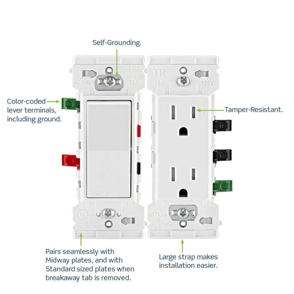 Leviton Decora Edge 15 Amp Single Pole Rocker Switch, White E5601