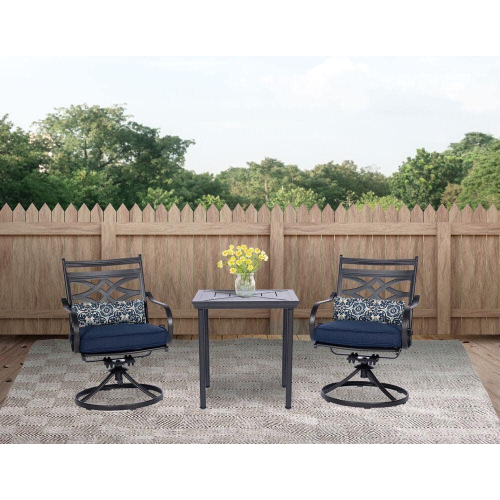 Hanover Montclair 3-Piece All-Weather Outdoor Patio Bistro Dining Set, 2 Swivel Rocker Chairs with Comfortable Seat and Lumbar Cushions, 27" Square Stamped Rectangle Table, MCLRDN3PCSW2-NVY
