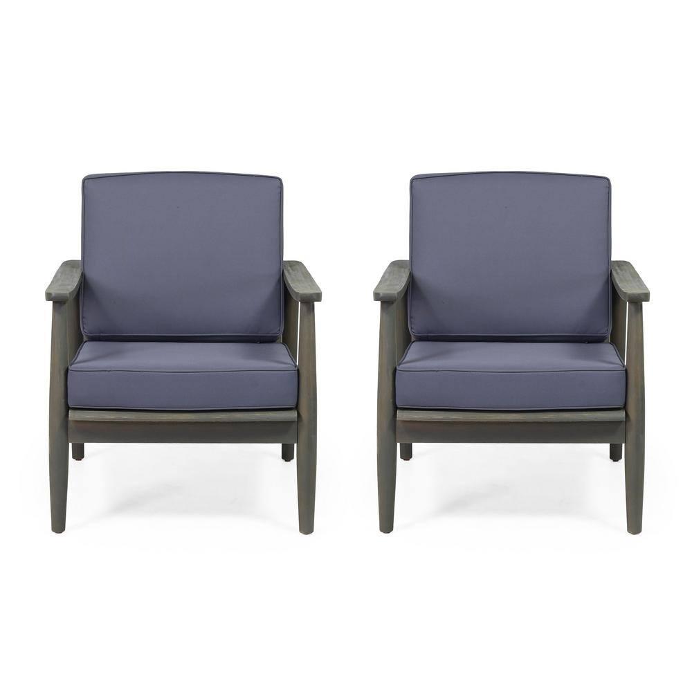 Greta Acacia Wood Outdoor Club Chair with Dark Gray Cushion, Set of 2, Black