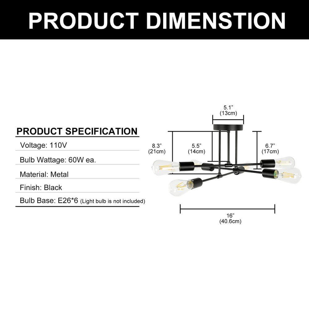 LOHASLED 6-Light Black Modern Sputnik Semi Flush Mount, Industrial Metal Fixtures for Bedroom Dining Room Living Room Hallway Office,Bulb NOT Included