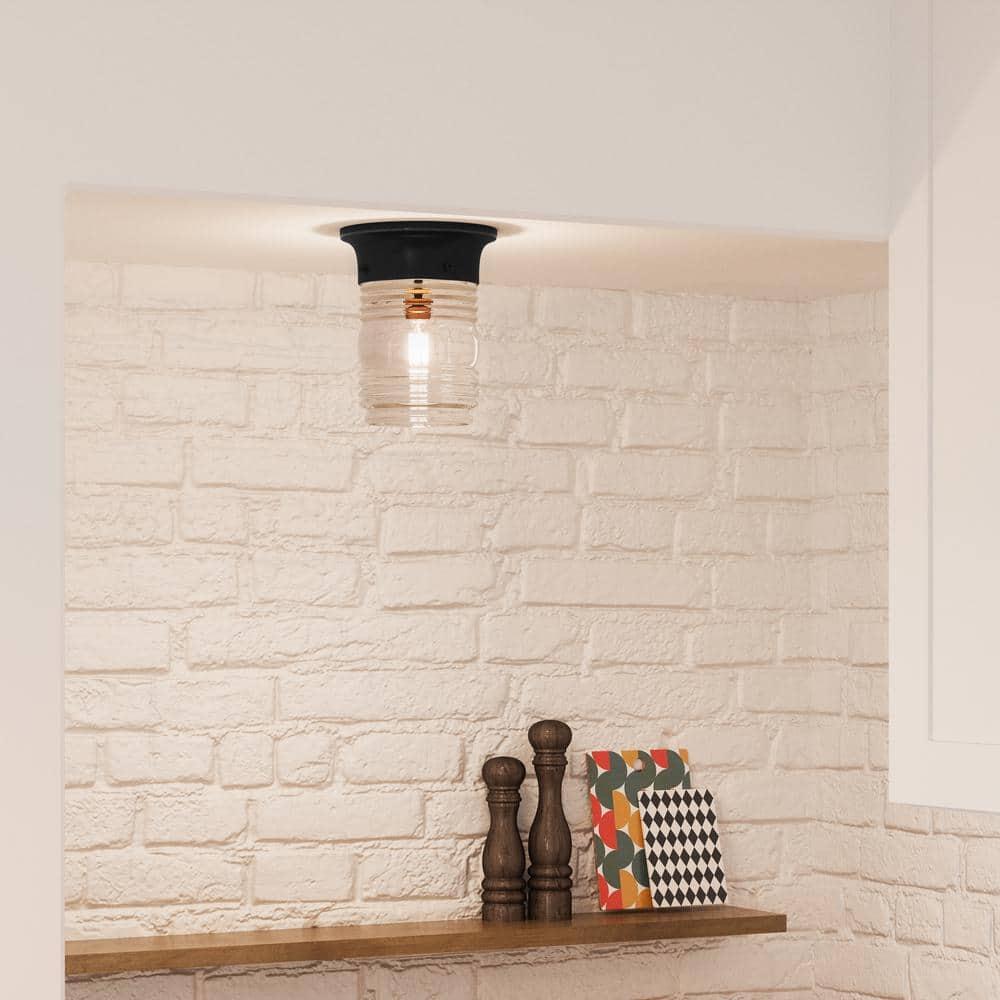 Design House Jelly Jar 1-Light Indoor/Outdoor Flush Mount Ceiling Light with Clear Ribbed Glass, Black