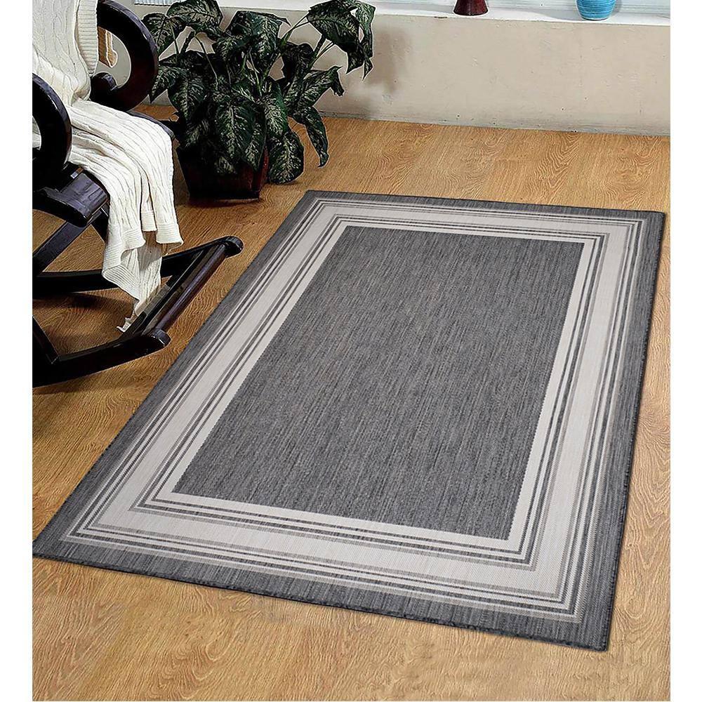 LR Home Kiara 7'6" x 9'5" Black/Gray/White Bordered Fade & Stain Resistant Indoor/Outdoor Area Rug