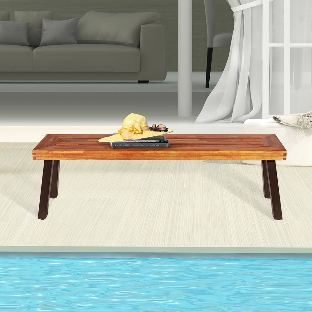 Costway Patio Acacia Wood Dining Bench Seat with Rustic Steel Legs for Outdoor Indoor