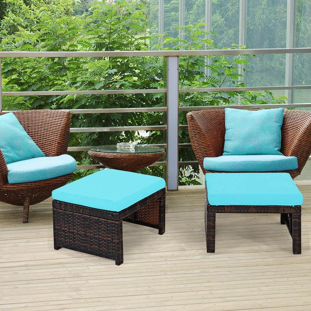 Tangkula 2 PCS Outdoor Wicker Ottoman Patio Rattan Furniture Metal Footrest Seat Square Footstool with Cushion Turquoise
