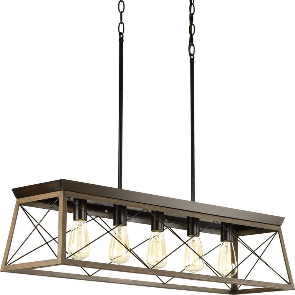 Progress Lighting Briarwood 5-Light Linear Chandelier, Antique Bronze, Faux-Painted Wood Enclosure