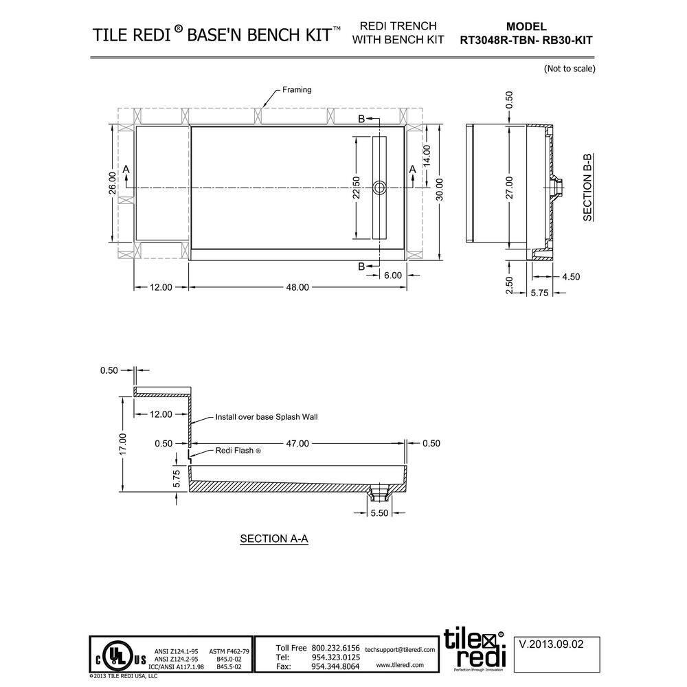 Tile Redi Rt3048l-Rb30-Kit Base'n Bench 30" X 60" Rectangular Shower Base - Tileable
