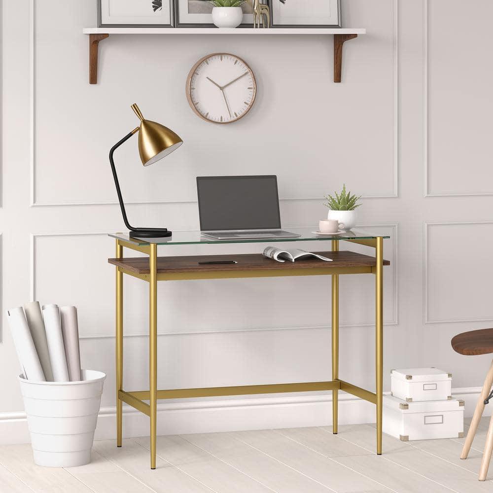 36" Brass Finish Desk with Walnut Shelf - Henn&Hart