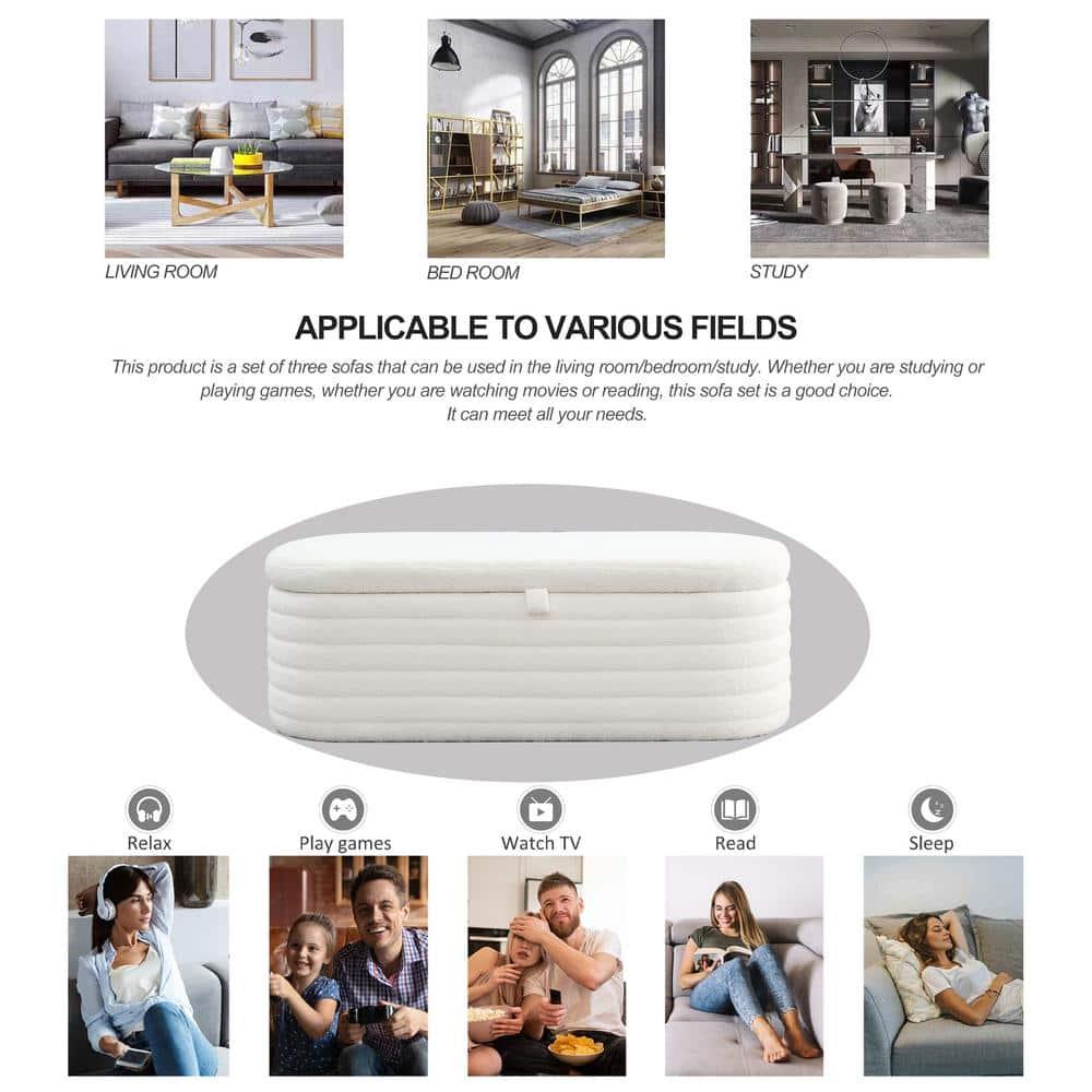 Modern Oval Storage Ottoman Bench, Upholstered Boucle Teddy Fabric End Of Bed Bench With Storage, End Of Bed Stool With Safety Hinge For Bedroom, Living Room, Entryway