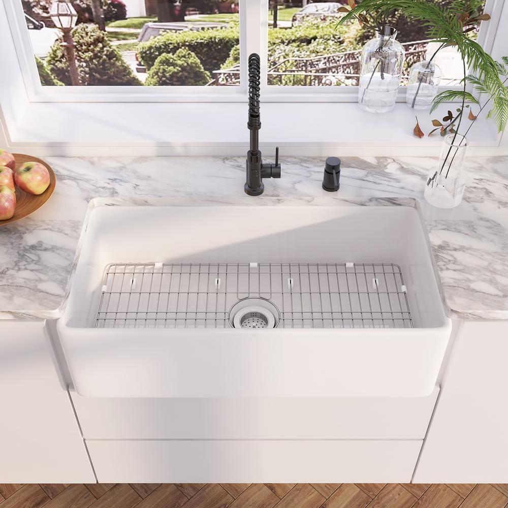 Denbigh 36'' W Farmhouse / Apron Single Bowl White Fireclay Kitchen Sink with Accessories