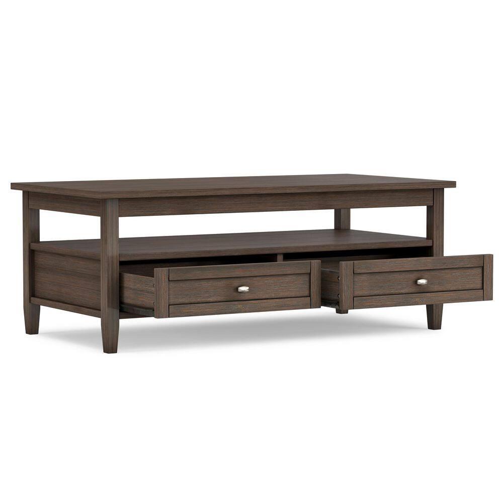 Simpli Home Warm Shaker 48"W Solid Wood Coffee Table with Two Storage Drawers and Open Shelf