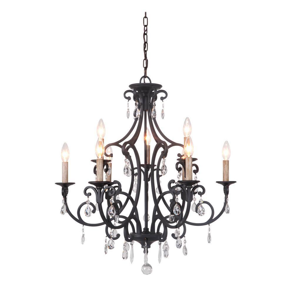Matte Black 9-Light Wrought Iron Chandelier with Crystal Accents
