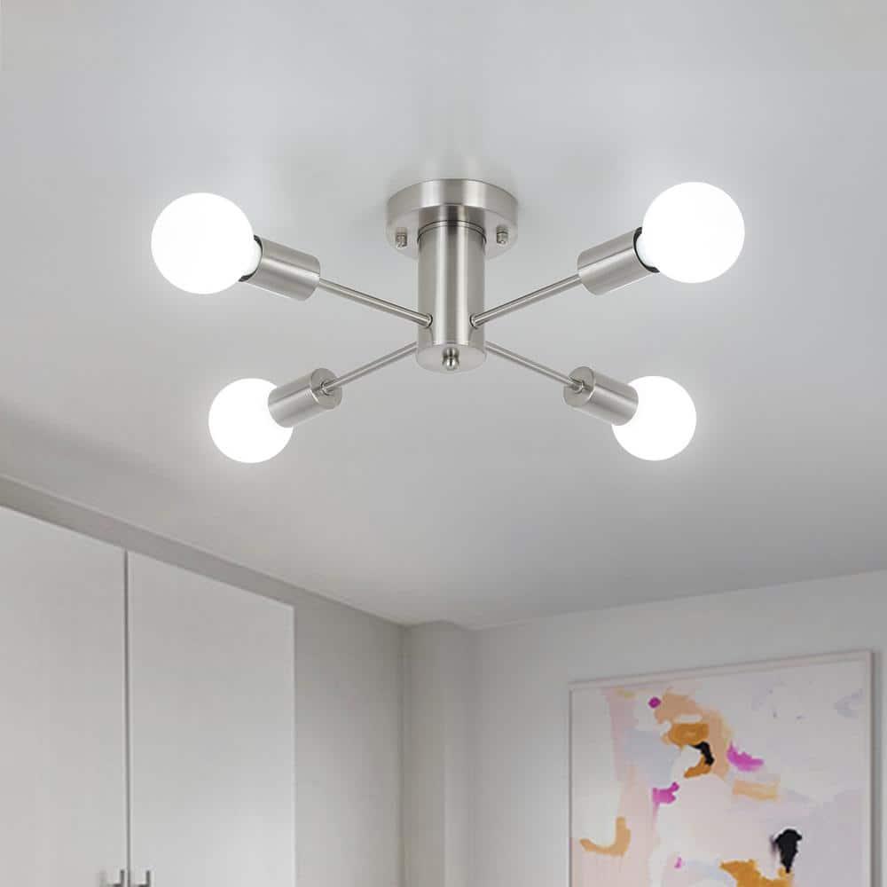 Sputnik Chandeliers, 4 Lights Kitchen Lighting Fixtures Ceiling Brushed Nickel Chandelier, Semi Flush Mount Ceiling Light Fixture for Bedroom Hallway Kitchen Living Room Dining Room