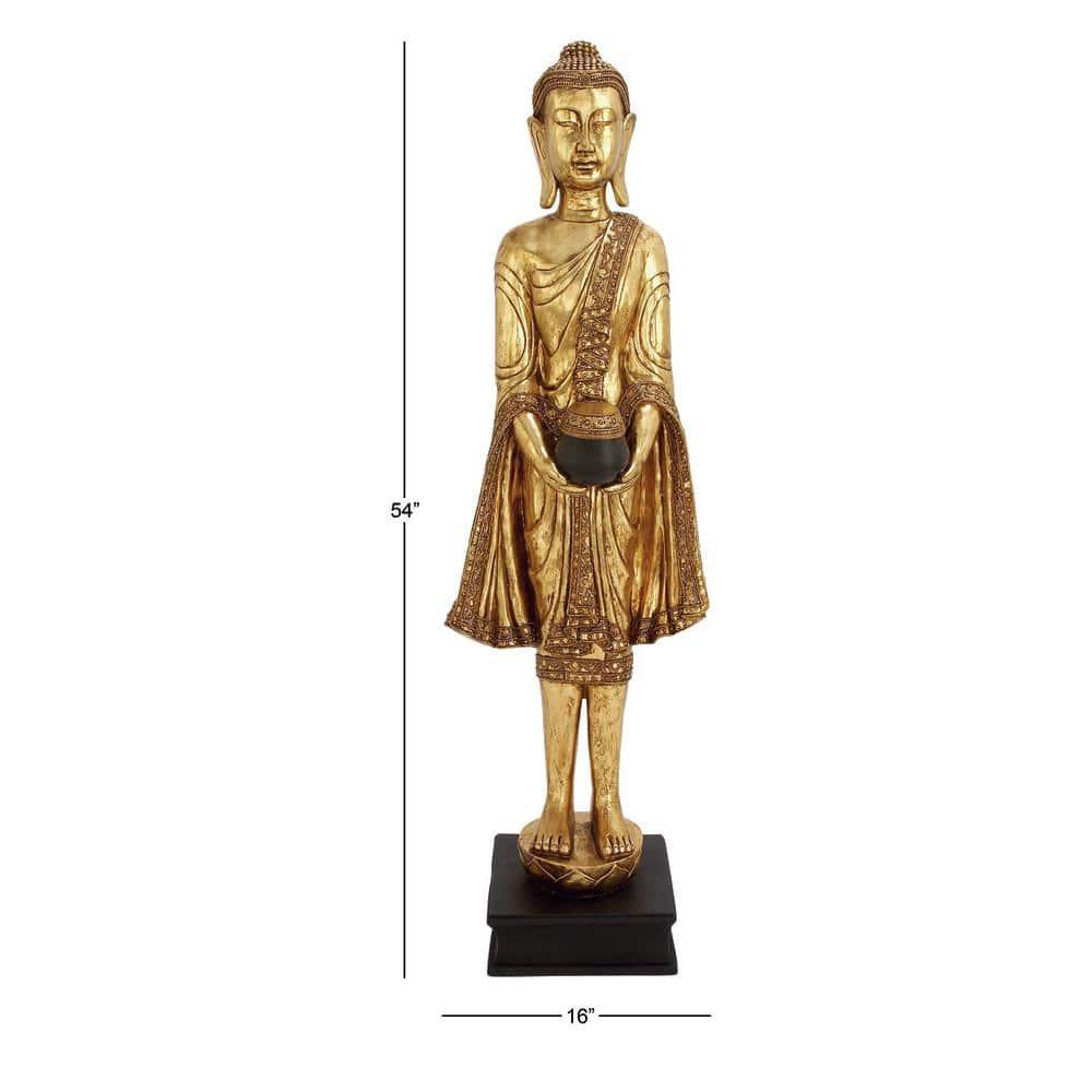 16" x 54" Gold Resin Meditating Buddha Sculpture with Engraved Carvings and Relief Detailing, by DecMode