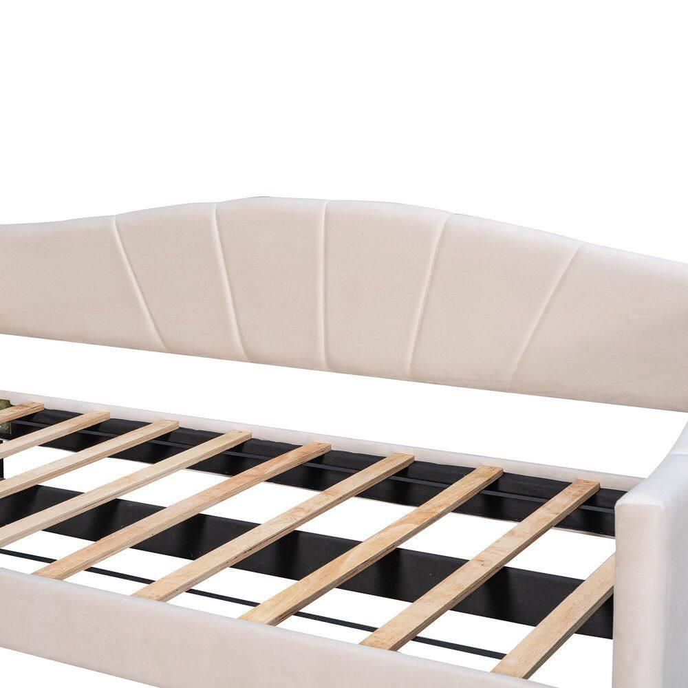 Upholstered Daybed with Trundle, Modern Twin Size Tufted Velvet Upholstered Daybed Frame with Wood Slat Support, Dual-use Platform Bed Sofa Bed with Wingback and Armrests for Living Room Bedroom Beige