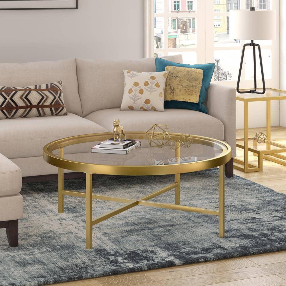 Evelyn&Zoe Round Metal Base Coffee Table in Brass and Gold