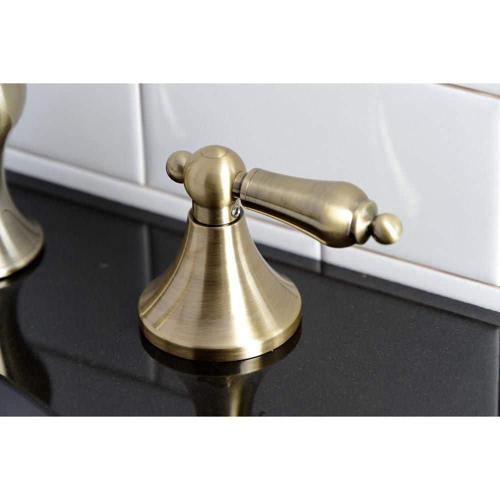 Kingston Brass Vintage Two-Handle 3-Hole Deck Mount Widespread Bathroom Faucet with Brass Pop-Up Drain