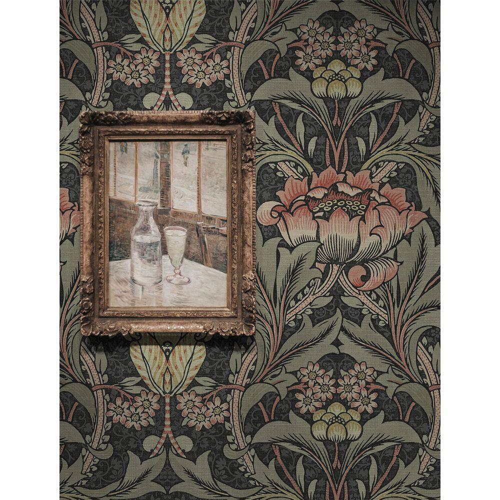 Charcoal and Rosewood Floral Vinyl-Coated Wallpaper Roll