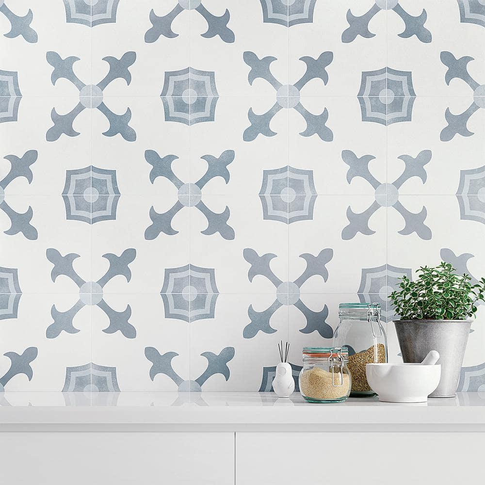 Plumeria Blue and White Square 9 in. x 9 in. Matte Porcelain Floor and Wall Tile (10.65 sq. ft./ Case)