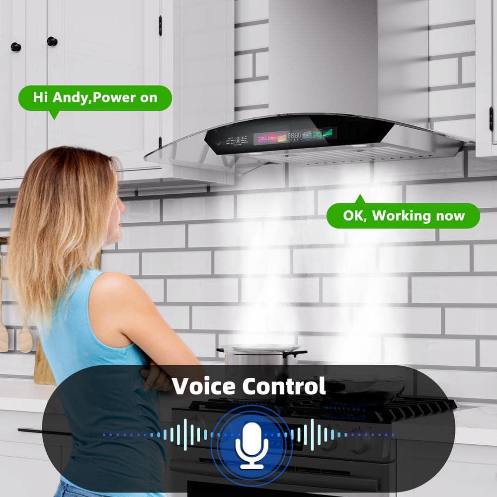 BRANO 30 inch Wall Mount Range Hood 900 CFM, Voice/Gesture/Touch Control, Stainless Steel Kitchen Hood Vent with 4 Speed Exhaust Fan, Adjustable Lights, Memory Mode