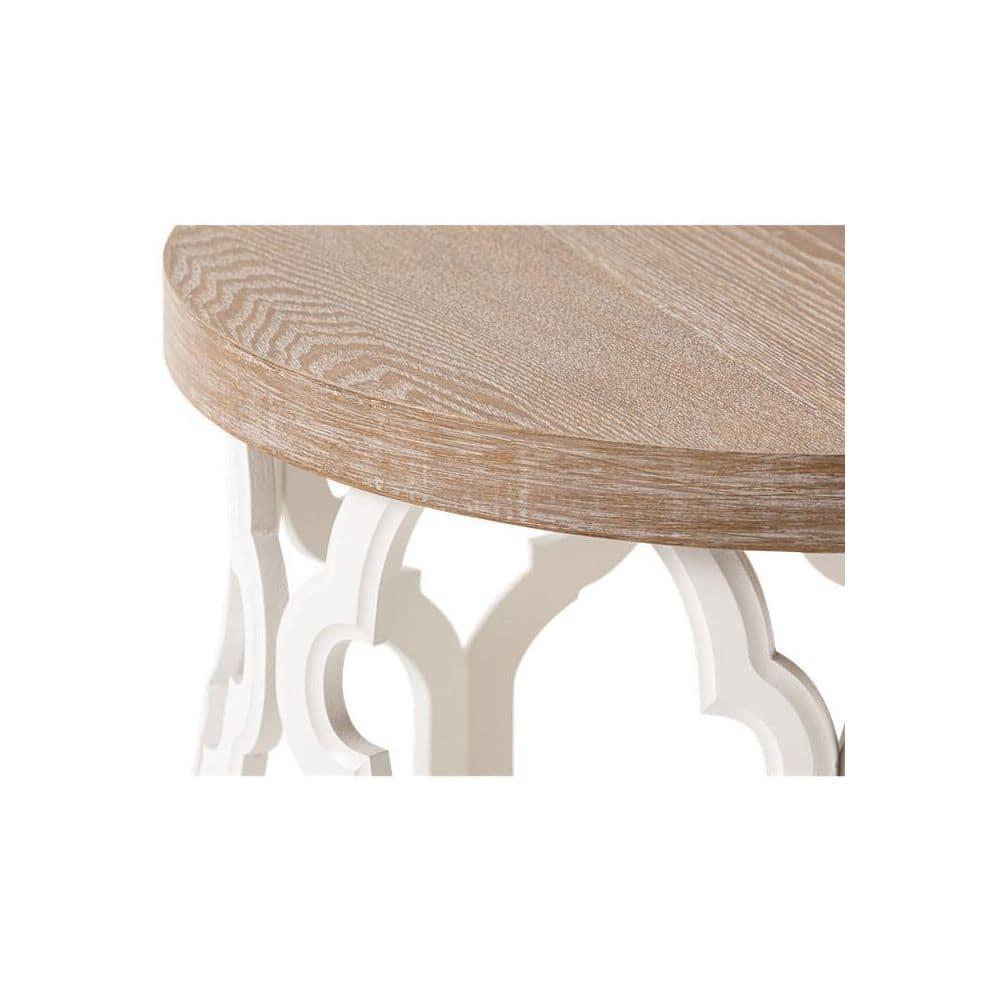 Farmhouse End Table, Distressed Wood Top Side Table with Curved Motif Frame Base for Modern, Rustic, Round, Black