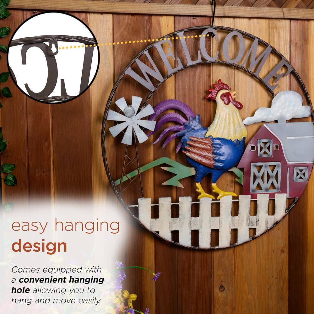 Alpine 30"H Large Round Rooster and Farm Welcome Wall Sign