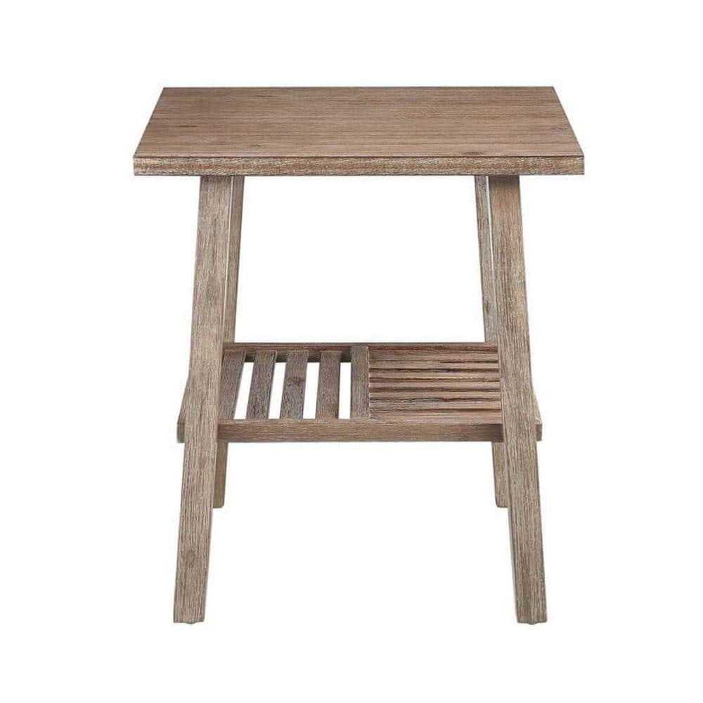 BenJara Farmhouse Wooden End Table with Slatted Bottom Shelf, Rustic Brown