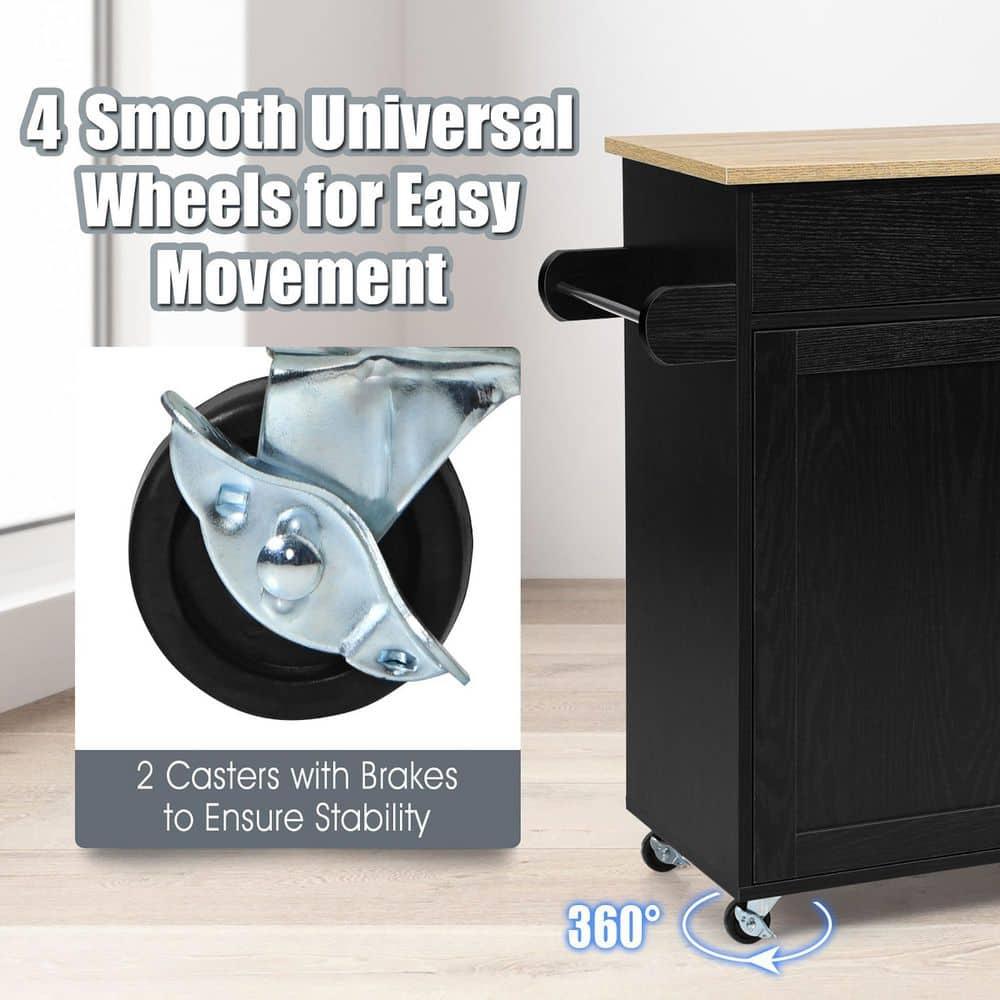 Black Fir Wood Rolling Kitchen Cart with Spice Rack and Storage