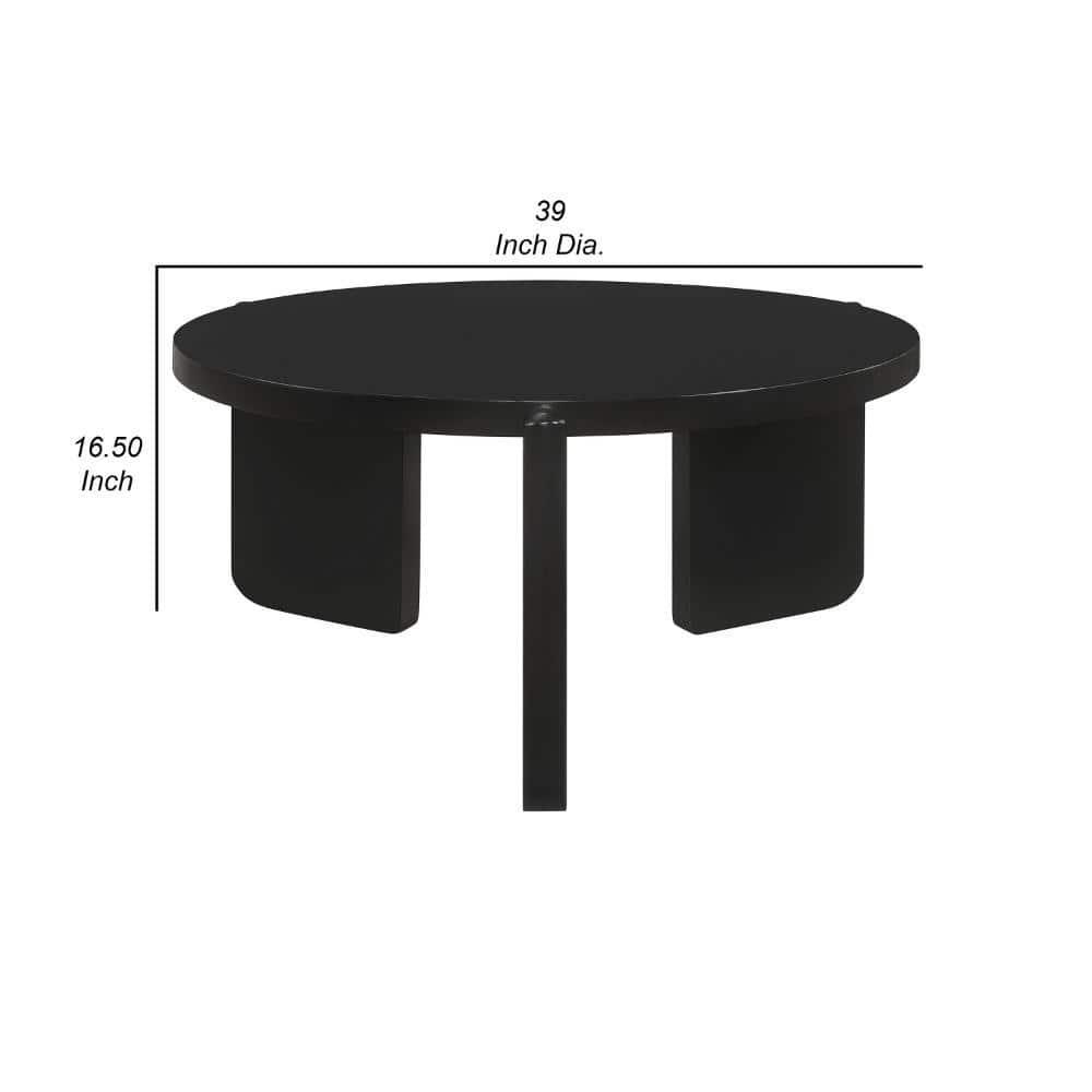 Kiya Coffee Table, 39 Inch Round Top, Black Solid Wood Frame, Panel Legs