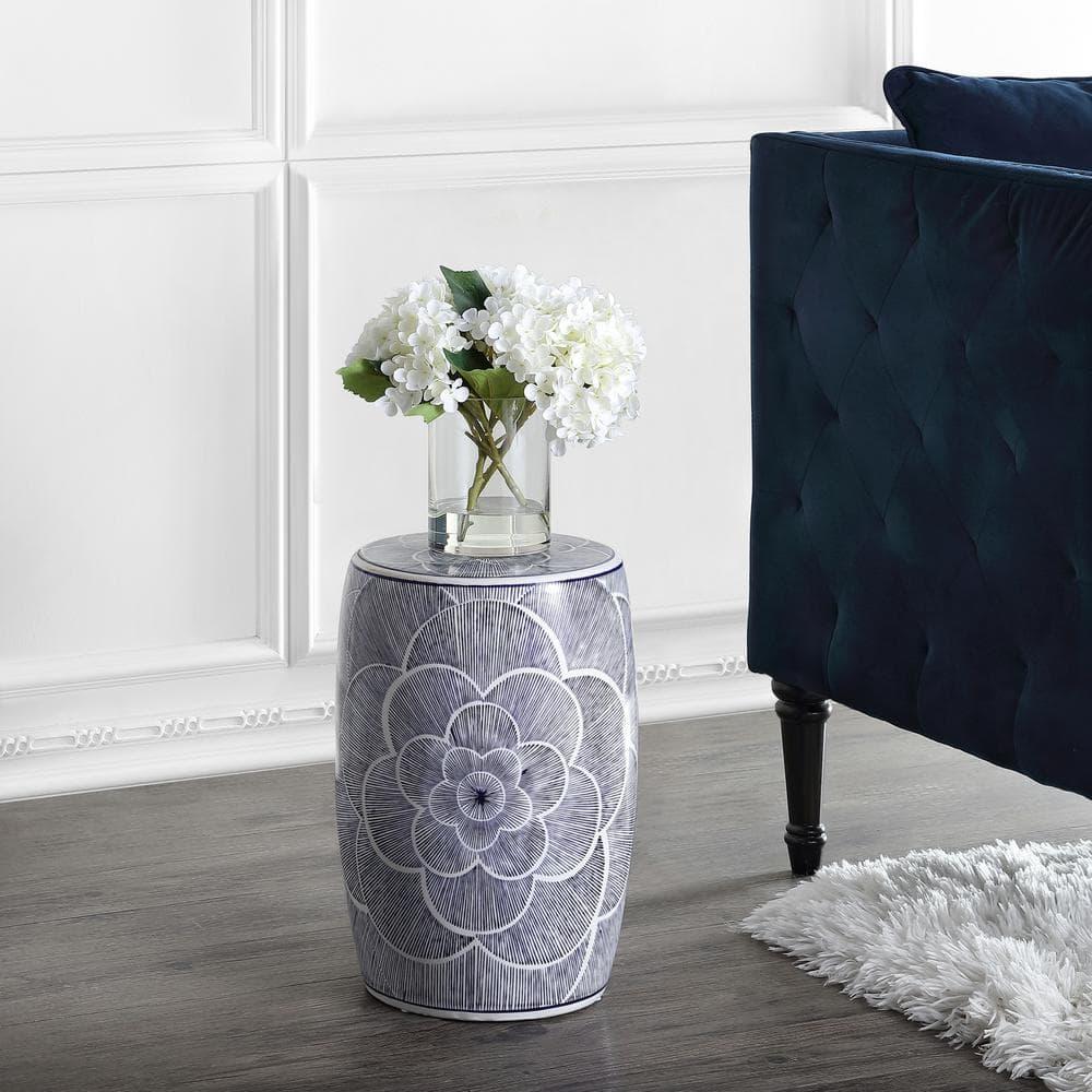 JONATHAN Y Camellia 17" Ceramic Drum Garden Stool, Blue