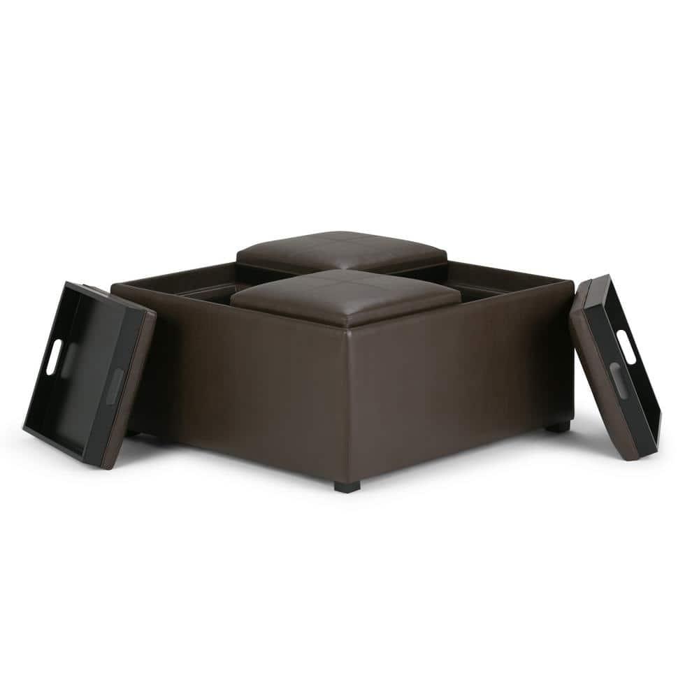 Simpli Home Avalon 35"W Upholstered Square Coffee Table Storage Ottoman with Flip-Over Trays