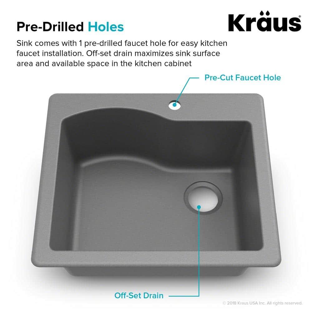 Kraus Quarza 25 Dual Mount Single Bowl Granite Kitchen Sink and Strainer in Grey