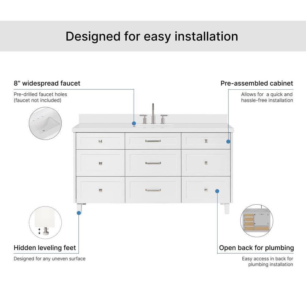Ariel Monroe 67 Inch Single Rectangular Sink Bathroom Vanity With Pure White Quartz Countertop