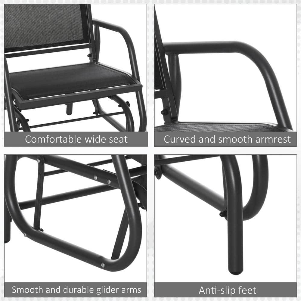 Outsunny Outdoor Glider Chairs, Swing Chair with Breathable Mesh Fabric, Curved Armrests and Steel Frame for Porch, Garden, Poolside, Balcony, Black
