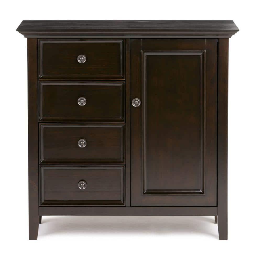 Simpli Home Amherst 32"W Solid Wood 2-Shelf Low Storage Cabinet with Adjustable Shelves and Tapered Legs