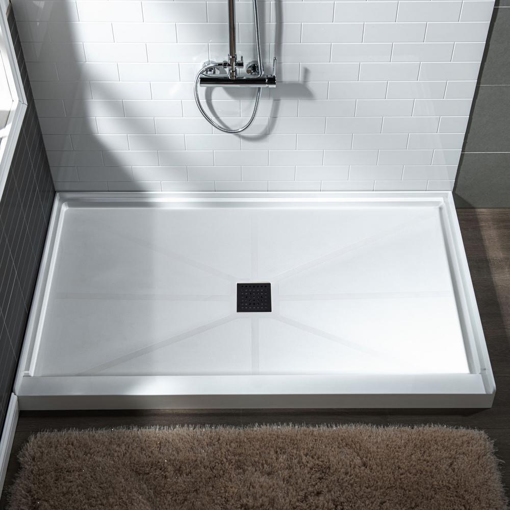 60" x 36" Solid Surface Single Threshold Shower Pan Base with Drain Assembly & Drain Cover Included, Non-Slip