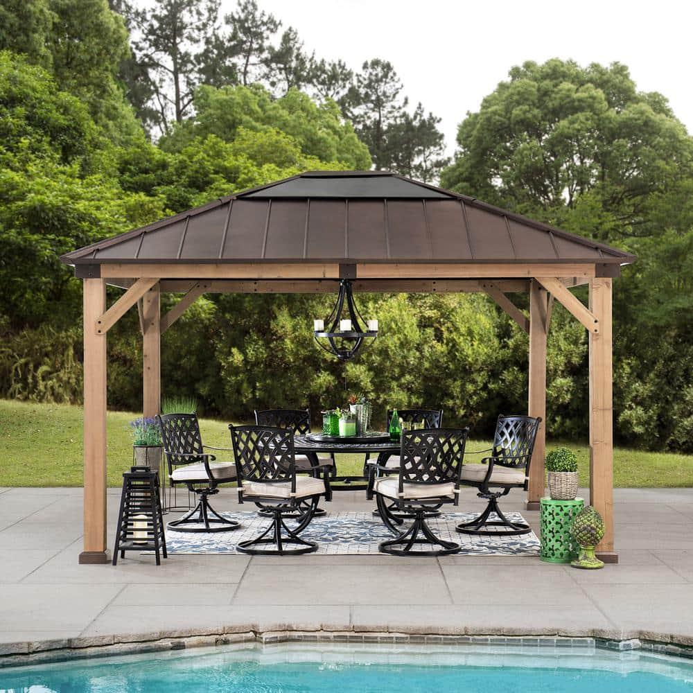 Sunjoy Sunjoy Hardtop Gazebo 11 x 13 ft. Upgrade Cedar Framed Wood Gazebos with Brown Steel and Polycarbonate Hip Roof Hardtop for Garden, Backyard Shade,