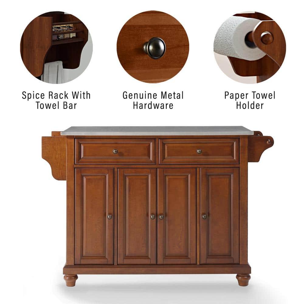 Cambridge Stainless Steel Top Full Size Kitchen Island/Cart Cherry - Crosley: With Spice Rack & Towel Holder