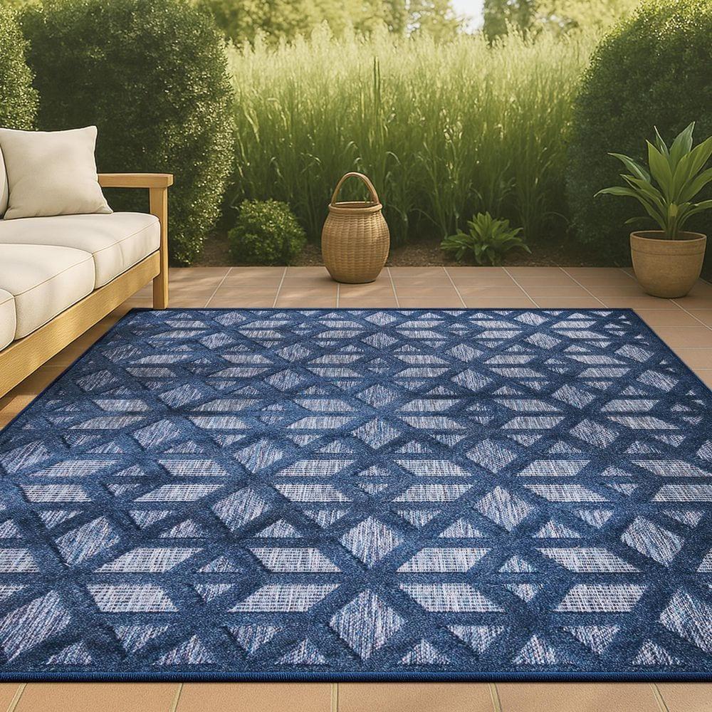 5'x8' Talaia Neutral Geometric Indoor/Outdoor Area Rug, Navy - JONATHAN Y