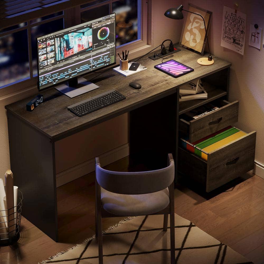 Bestier 60" L Shaped Desk with Power Outlets & Drawer, Lift Top Corner Computer Desk with Storage Shelves, Large Workstation for Home ,Gray