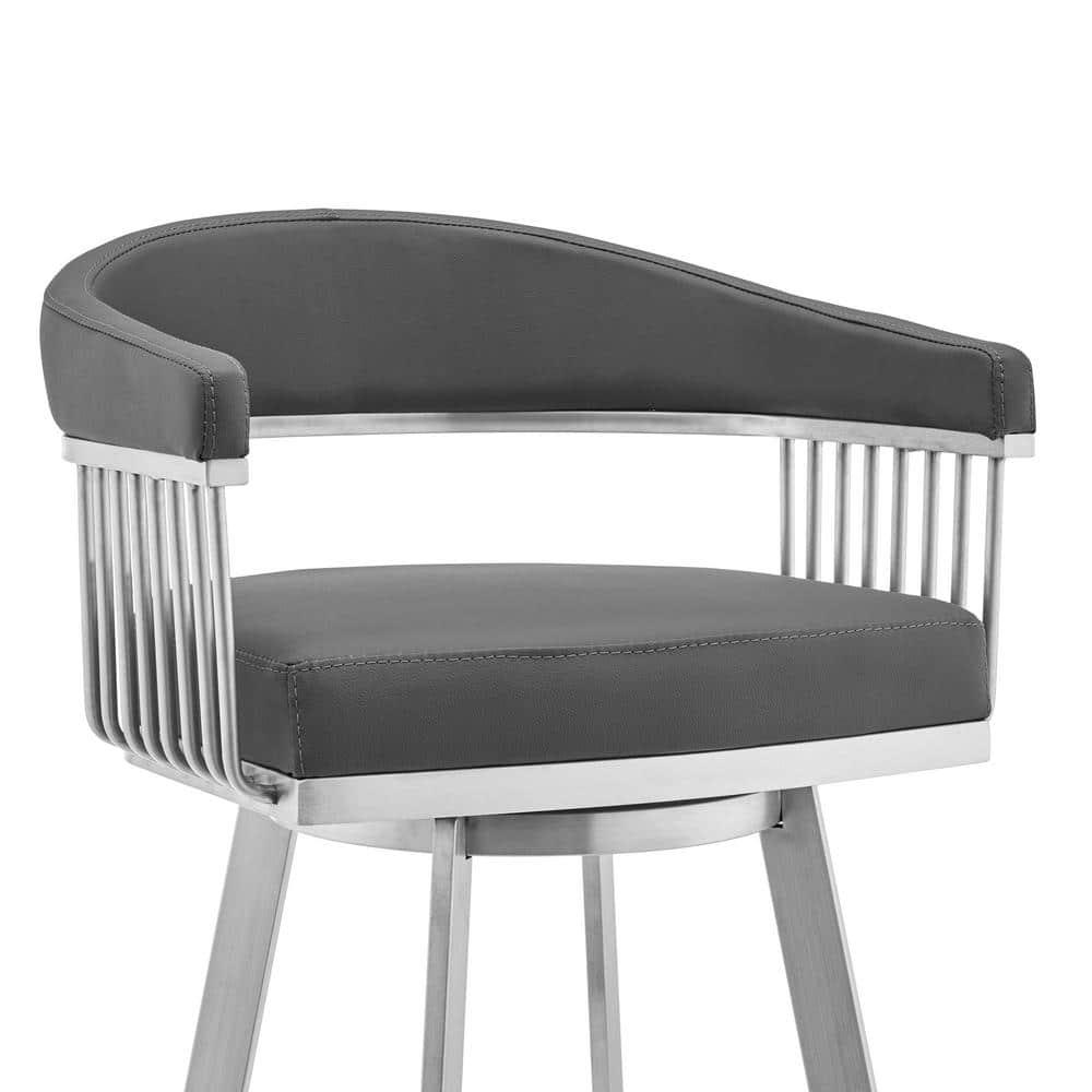 Armen Living Indoor Bronson 29" Gray Faux Leather and Brushed Stainless Steel Swivel Bar Stool