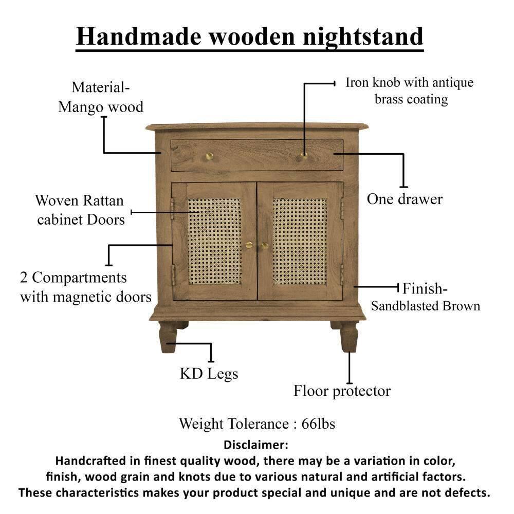 The Urban Port 30" Nightstand Table Rattan Cabinet Doors and Drawer Fronts Sandblasted Brown Mango Wood Brown