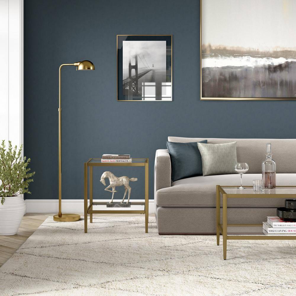 Evelyn&Zoe Hera 20" Wide Square Side Table with Glass Shelf, Antique Brass