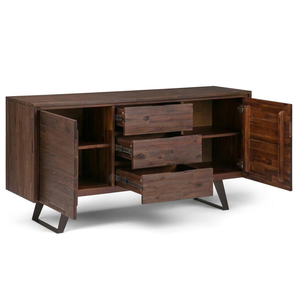 Simpli Home Lowry 60"W Solid Wood Modern Industrial 2-Door Sideboard Buffet with 3 Center Drawers