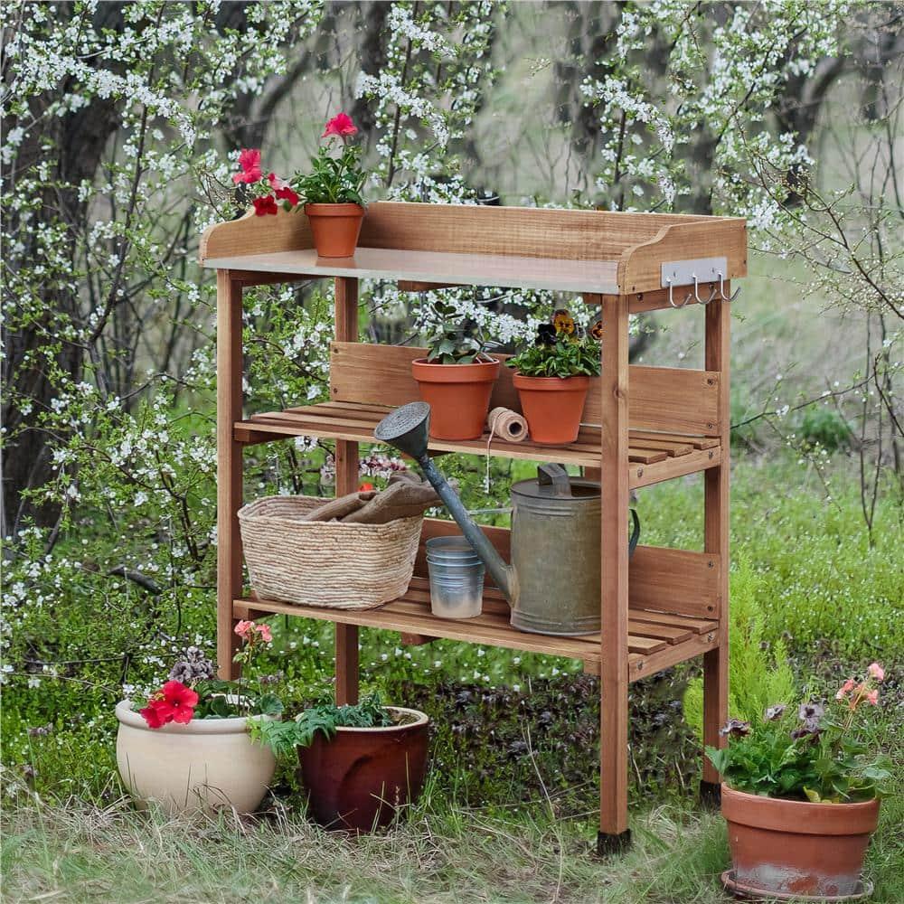 35.5 in. H Outdoor Potting Bench Table with Storage Shelf Fir Garden Wooden Potting Station
