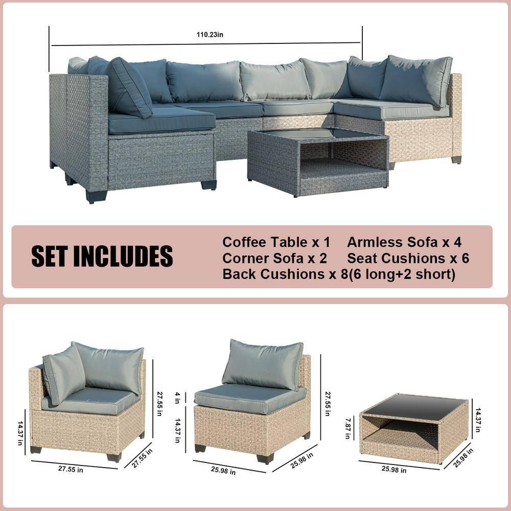 Aug-guan 7-Piece Patio Furniture Set, All-Weather Boho Outdoor Conversation Set Sectional Sofa with Water Resistant Grey Thick Cushions and Storage Table for Yard,Lawn,Grey